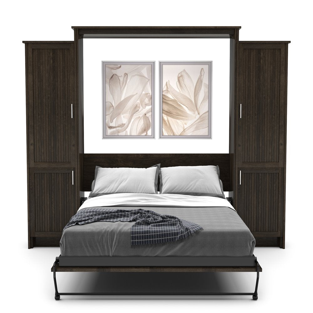 King Size Murphy Bed - Left & Right Cabinet, Beadboard Style, Brushed Nickel Pulls - Murphy Door