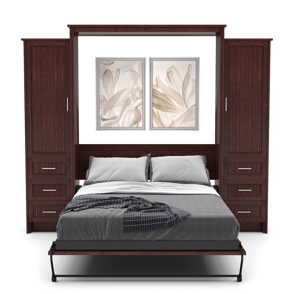King Size Murphy Bed - Left & Right Cabinet, Beadboard Style, Brushed Nickel Pulls - Murphy Door