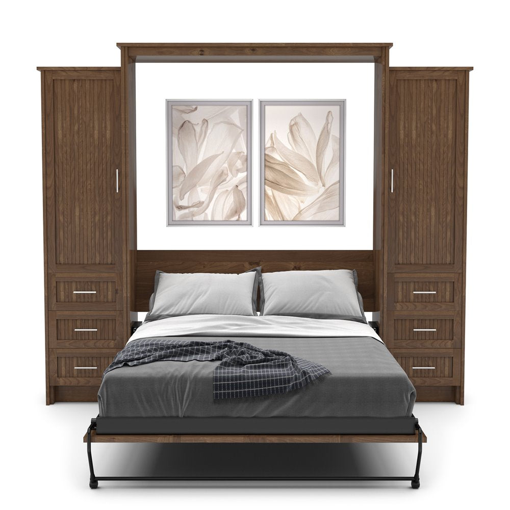 King Size Murphy Bed - Left & Right Cabinet, Beadboard Style, Brushed Nickel Pulls - Murphy Door