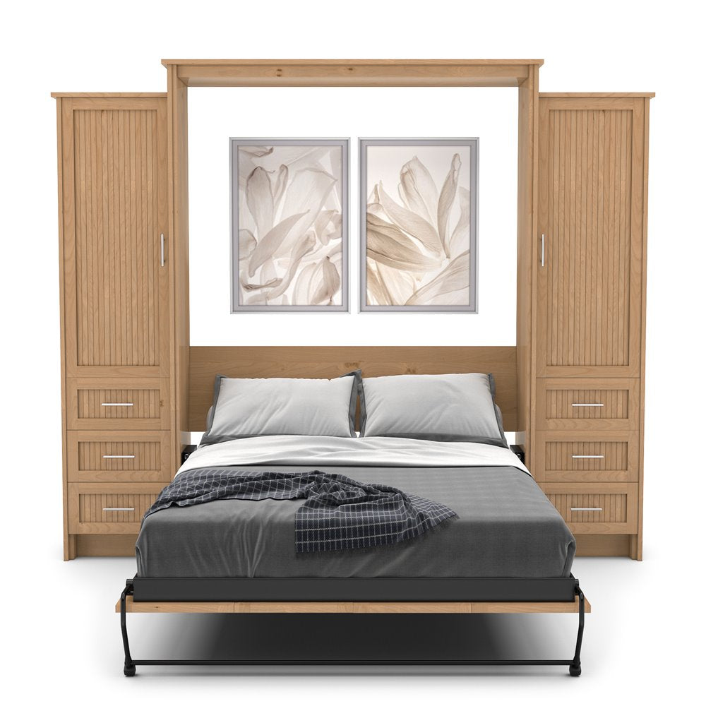 King Size Murphy Bed - Left & Right Cabinet, Beadboard Style, Brushed Nickel Pulls - Murphy Door