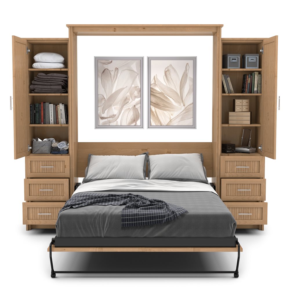 King Size Murphy Bed - Left & Right Cabinet, Beadboard Style, Brushed Nickel Pulls - Murphy Door