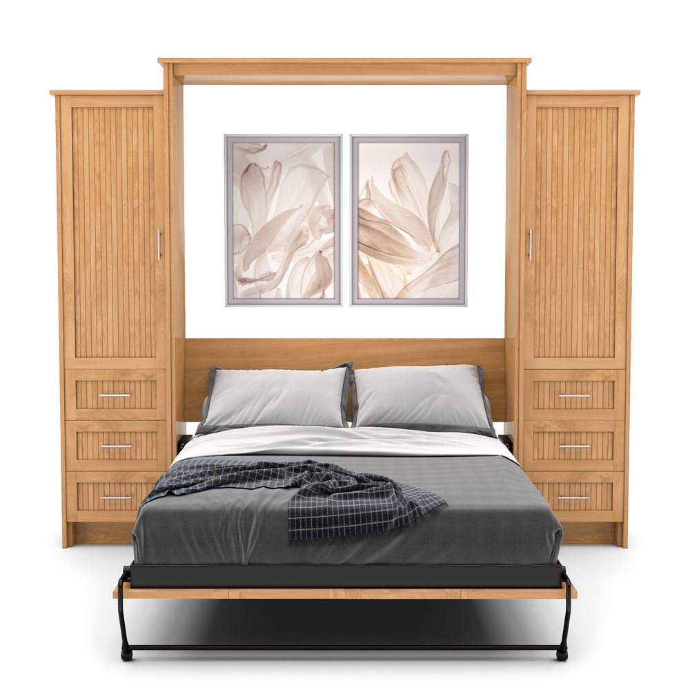 King Size Murphy Bed - Left & Right Cabinet, Beadboard Style, Brushed Nickel Pulls - Murphy Door
