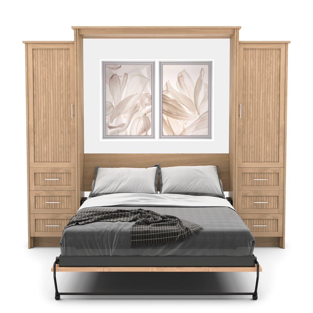 King Size Murphy Bed - Left & Right Cabinet, Beadboard Style, Brushed Nickel Pulls - Murphy Door