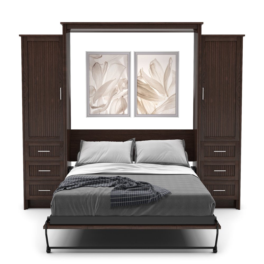 King Size Murphy Bed - Left & Right Cabinet, Beadboard Style, Brushed Nickel Pulls - Murphy Door
