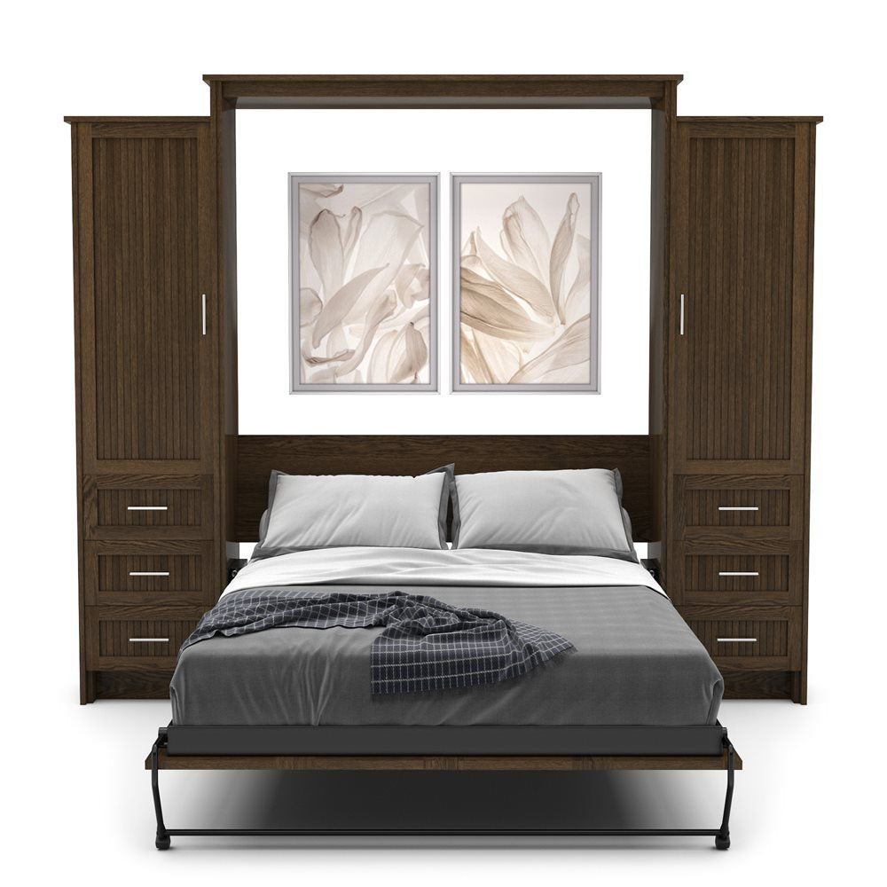 King Size Murphy Bed - Left & Right Cabinet, Beadboard Style, Brushed Nickel Pulls - Murphy Door