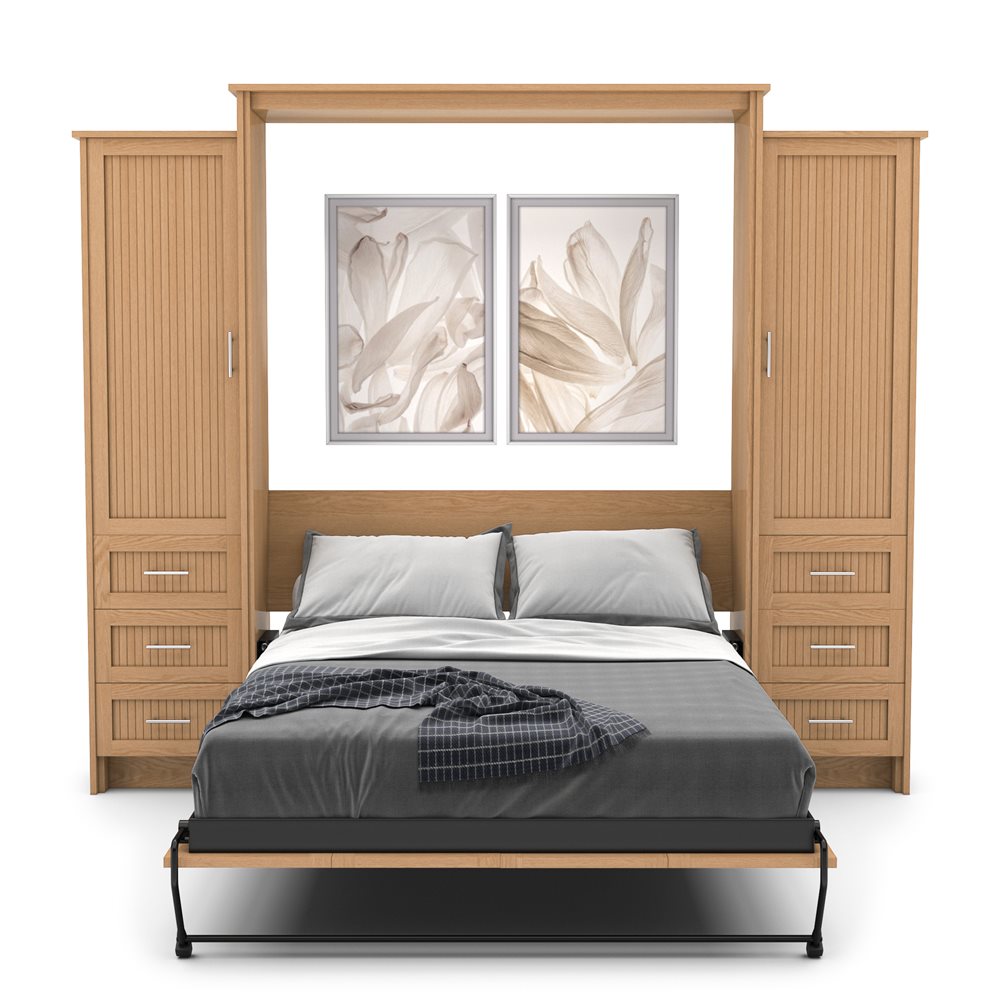 King Size Murphy Bed - Left & Right Cabinet, Beadboard Style, Brushed Nickel Pulls - Murphy Door