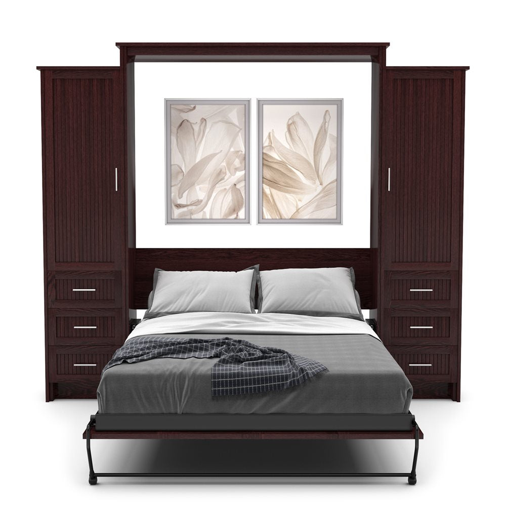King Size Murphy Bed - Left & Right Cabinet, Beadboard Style, Brushed Nickel Pulls - Murphy Door