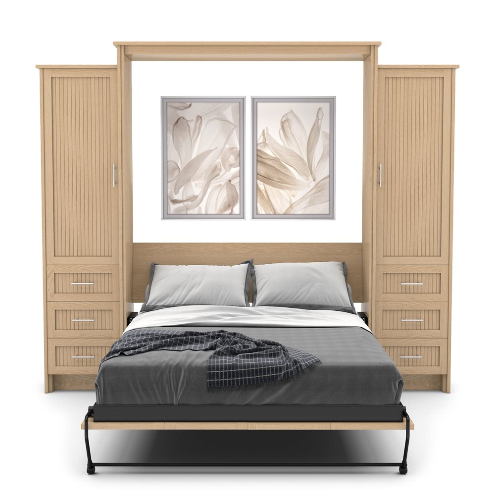 King Size Murphy Bed - Left & Right Cabinet, Beadboard Style, Brushed Nickel Pulls - Murphy Door