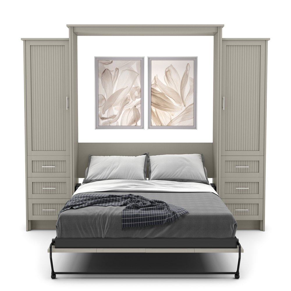 King Size Murphy Bed - Left & Right Cabinet, Beadboard Style, Brushed Nickel Pulls - Murphy Door