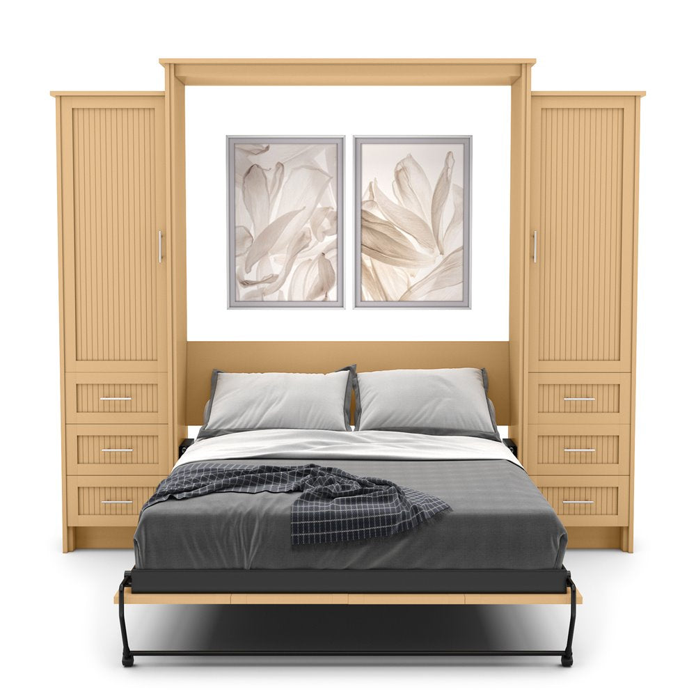 King Size Murphy Bed - Left & Right Cabinet, Beadboard Style, Brushed Nickel Pulls - Murphy Door