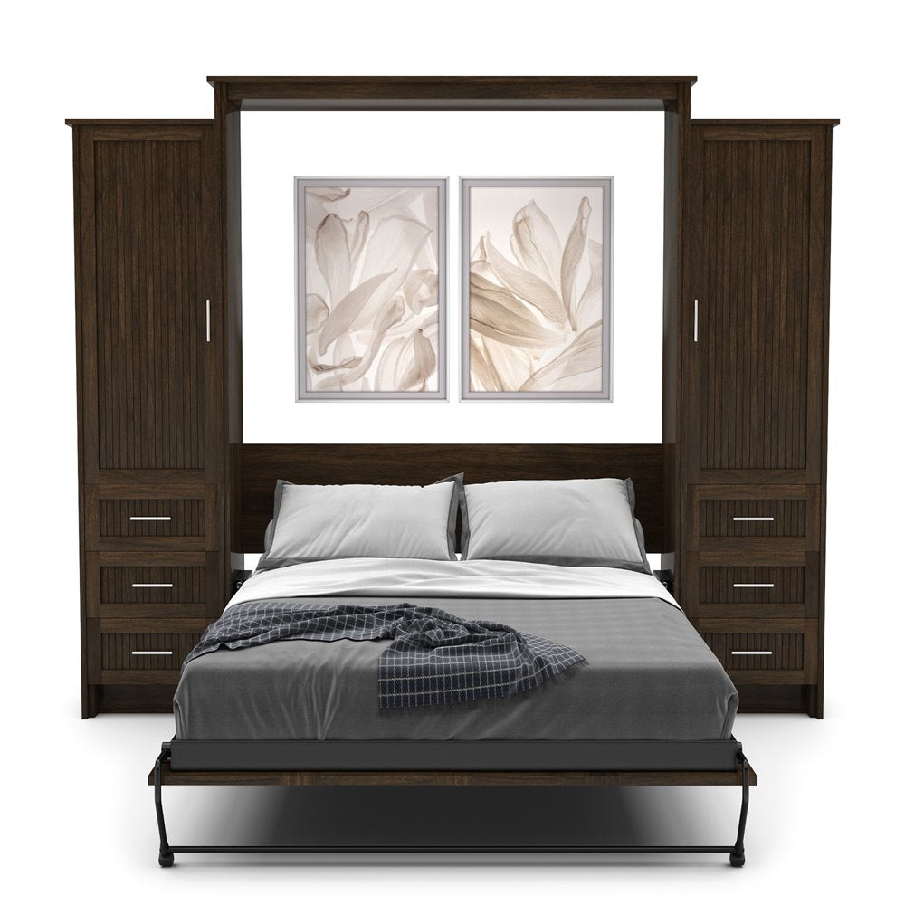 King Size Murphy Bed - Left & Right Cabinet, Beadboard Style, Brushed Nickel Pulls - Murphy Door