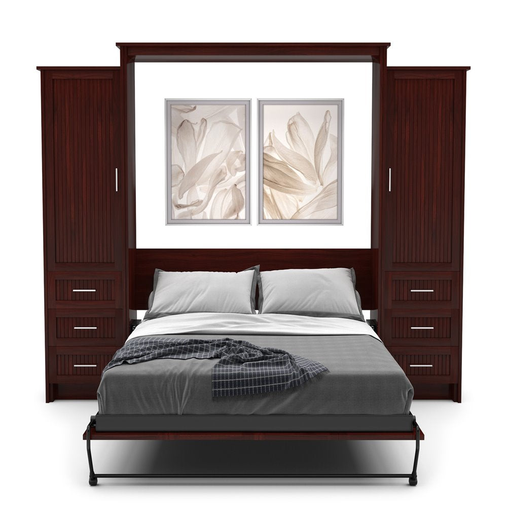 King Size Murphy Bed - Left & Right Cabinet, Beadboard Style, Brushed Nickel Pulls - Murphy Door