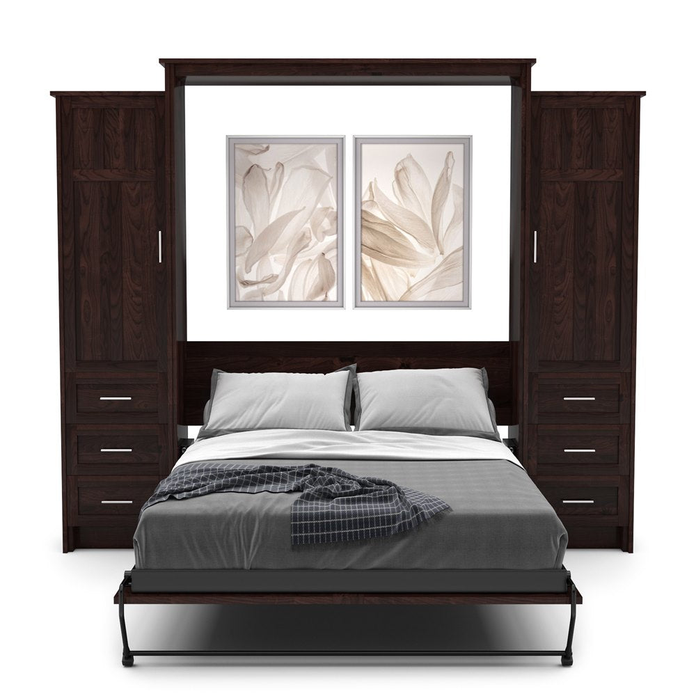King Size Murphy Bed - Left & Right Cabinet, Craftsman Style, Brushed Nickel Pulls - Murphy Door