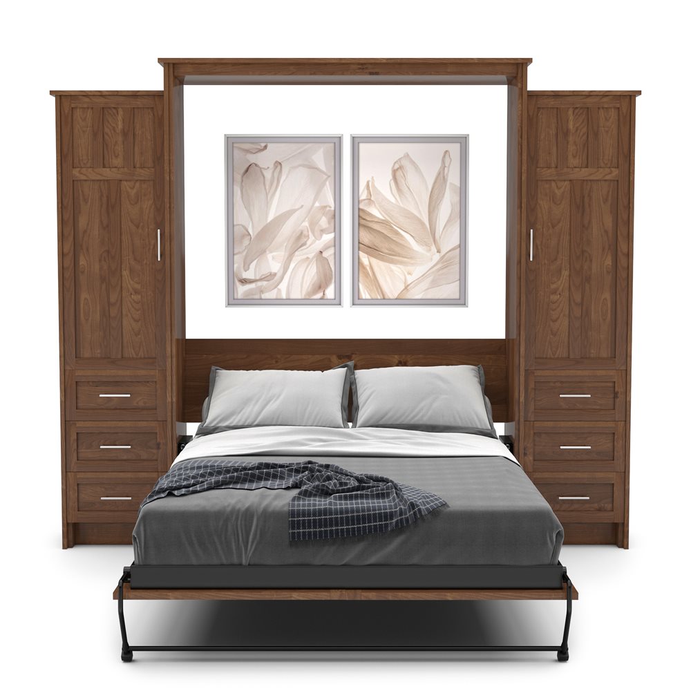 King Size Murphy Bed - Left & Right Cabinet, Craftsman Style, Brushed Nickel Pulls - Murphy Door