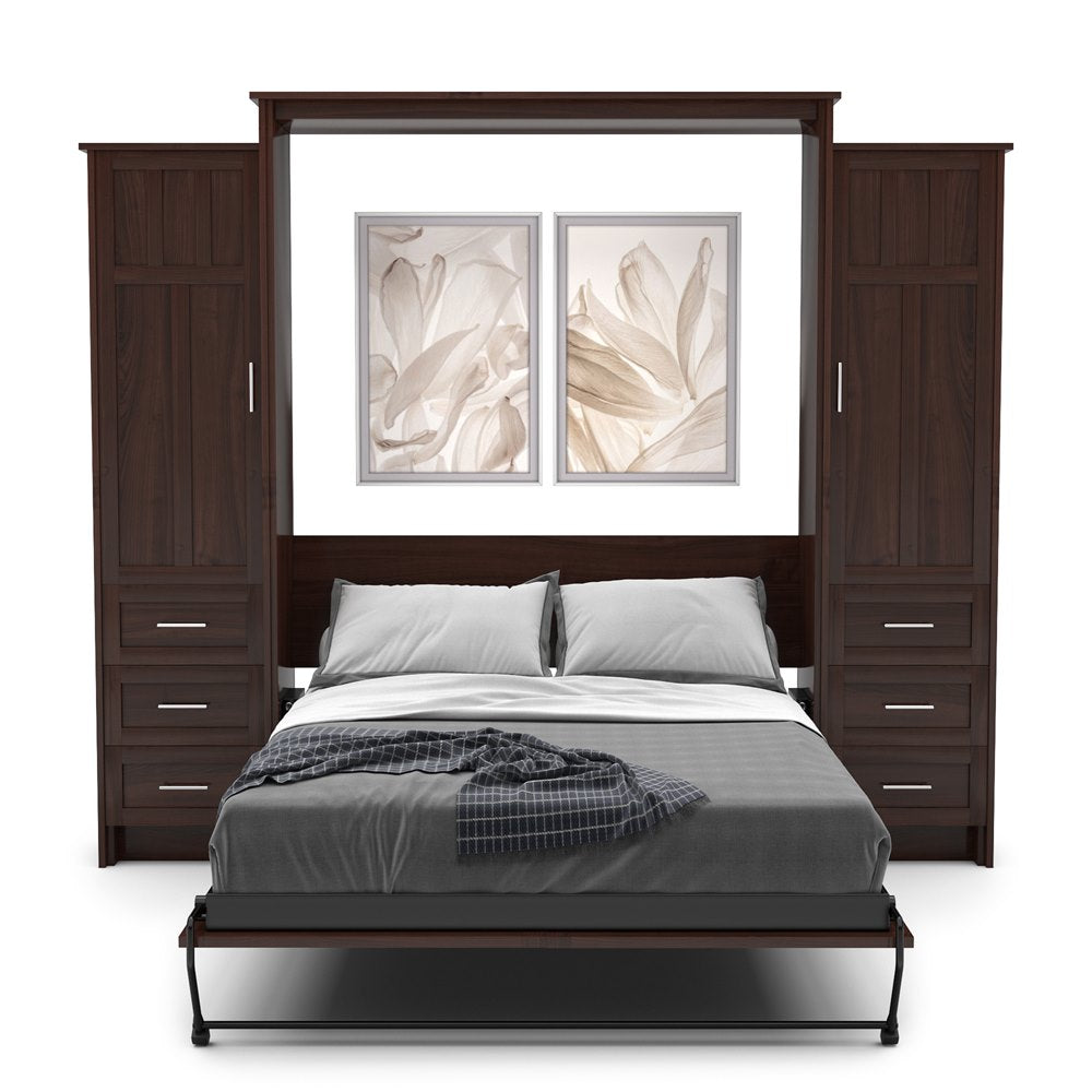 King Size Murphy Bed - Left & Right Cabinet, Craftsman Style, Brushed Nickel Pulls - Murphy Door