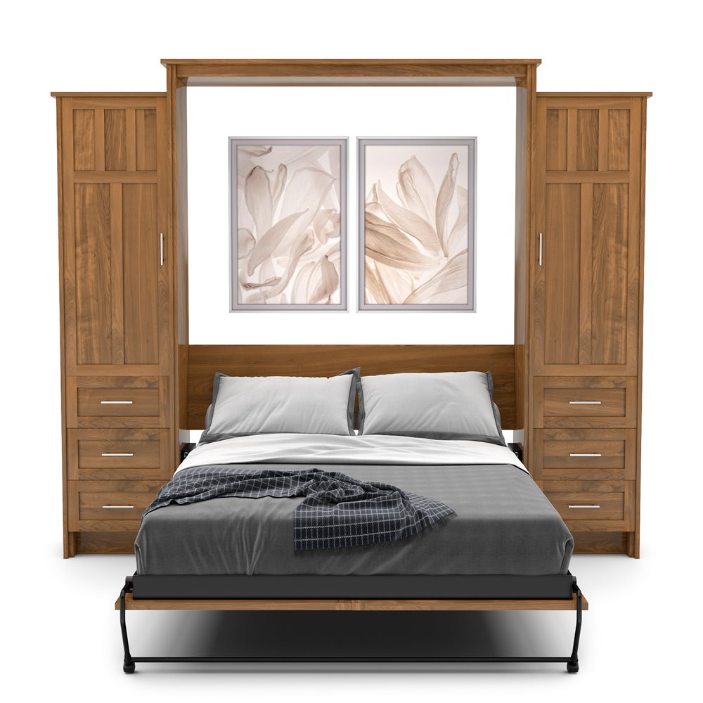 King Size Murphy Bed - Left & Right Cabinet, Craftsman Style, Brushed Nickel Pulls - Murphy Door