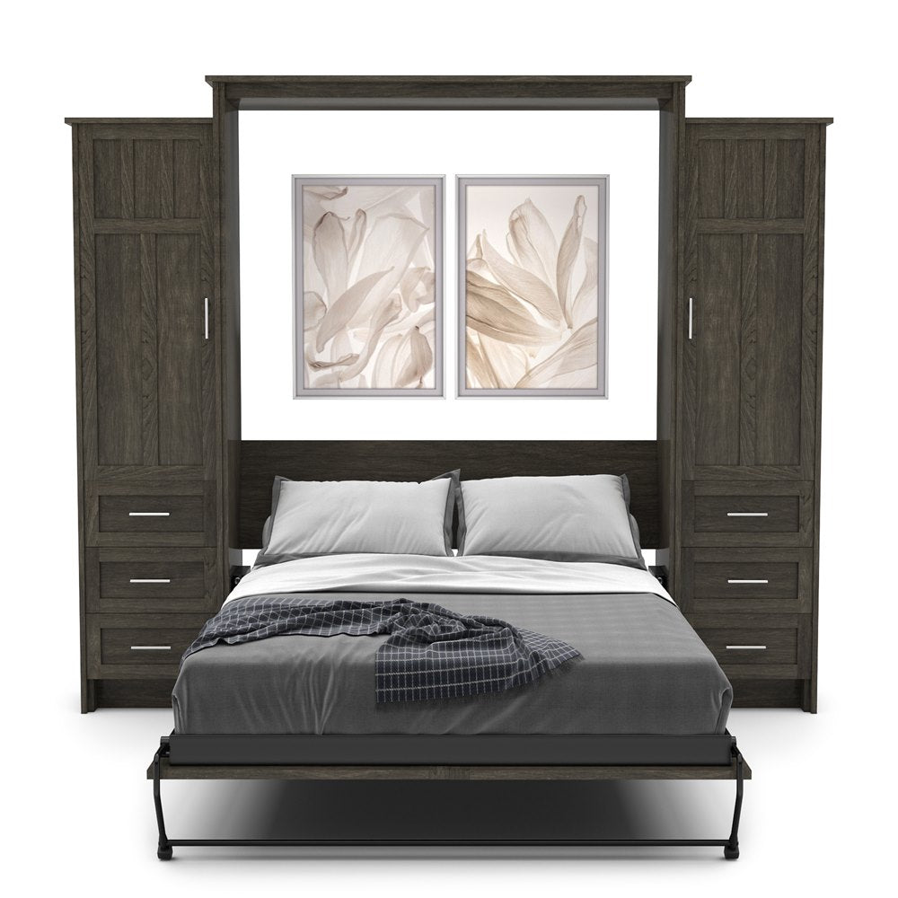 King Size Murphy Bed - Left & Right Cabinet, Craftsman Style, Brushed Nickel Pulls - Murphy Door