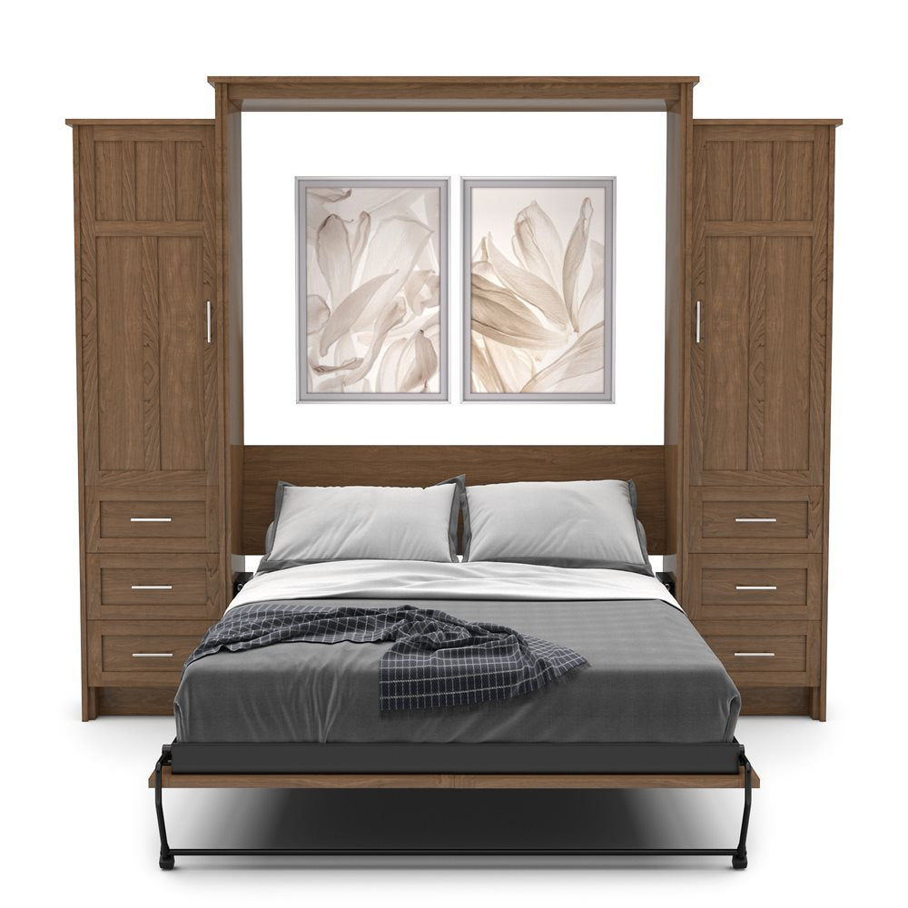 King Size Murphy Bed - Left & Right Cabinet, Craftsman Style, Brushed Nickel Pulls - Murphy Door