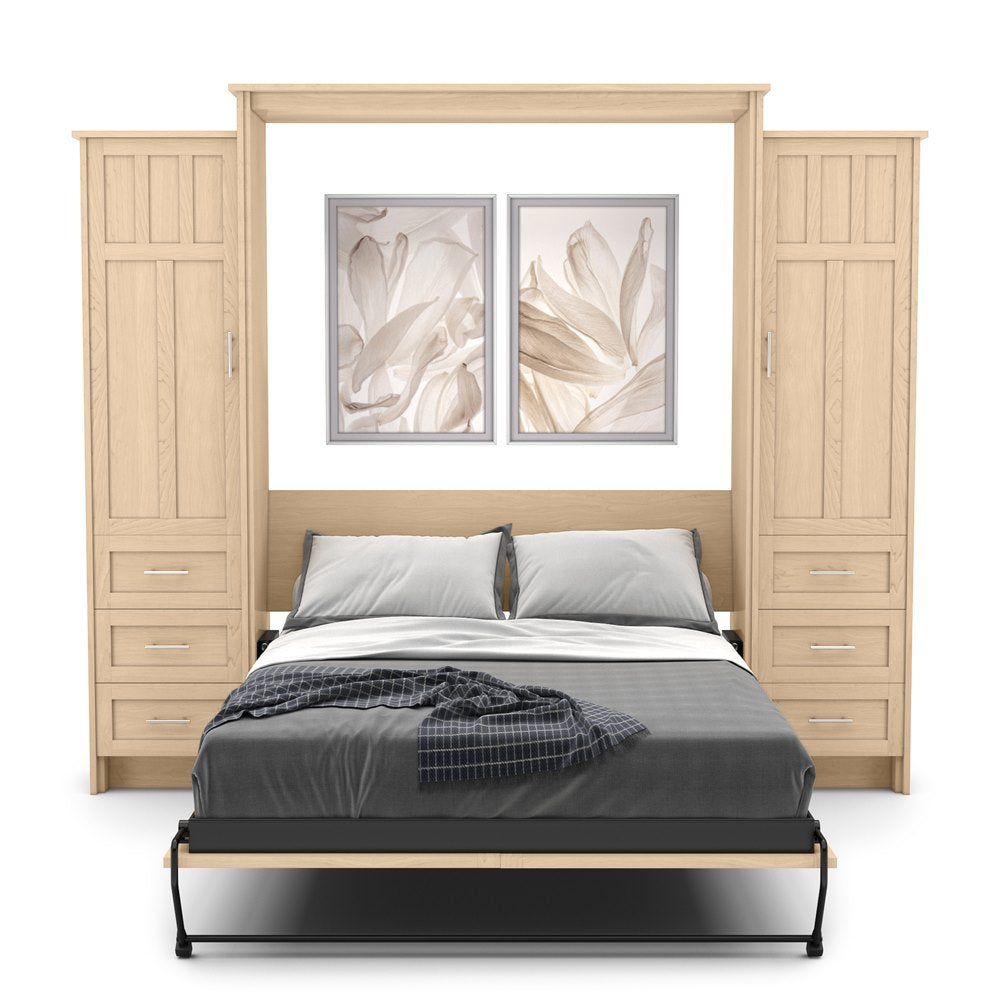 King Size Murphy Bed - Left & Right Cabinet, Craftsman Style, Brushed Nickel Pulls - Murphy Door