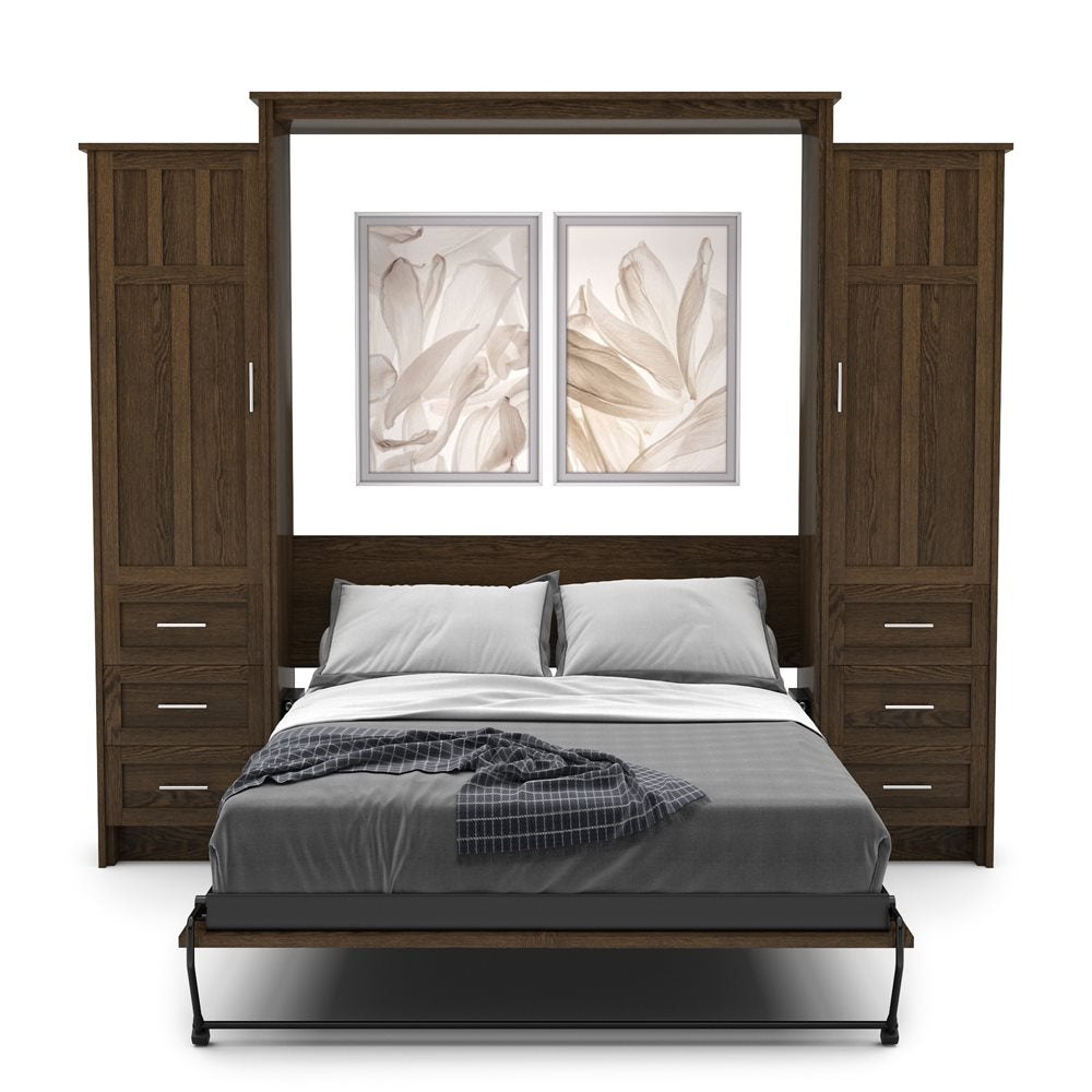 King Size Murphy Bed - Left & Right Cabinet, Craftsman Style, Brushed Nickel Pulls - Murphy Door