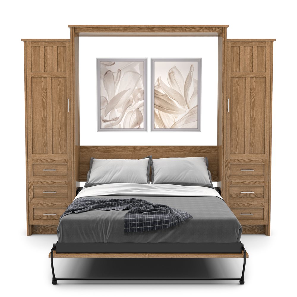 King Size Murphy Bed - Left & Right Cabinet, Craftsman Style, Brushed Nickel Pulls - Murphy Door