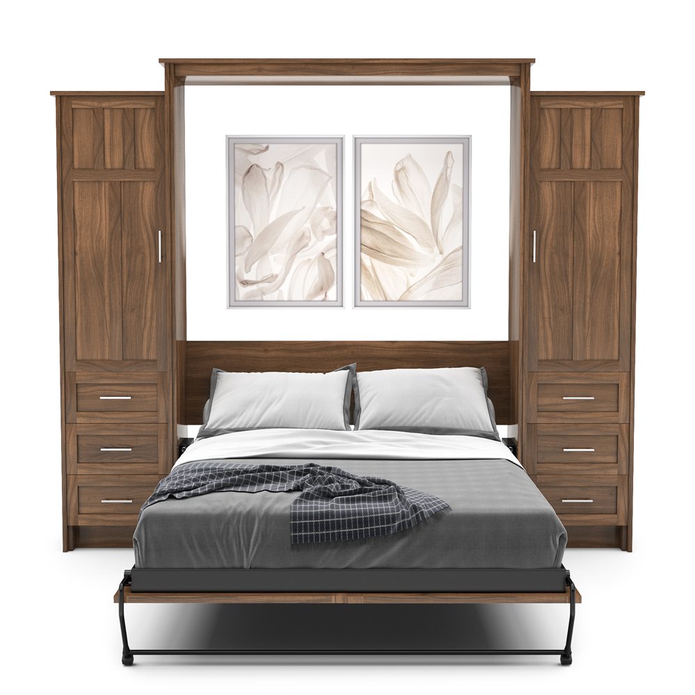 King Size Murphy Bed - Left & Right Cabinet, Craftsman Style, Brushed Nickel Pulls - Murphy Door