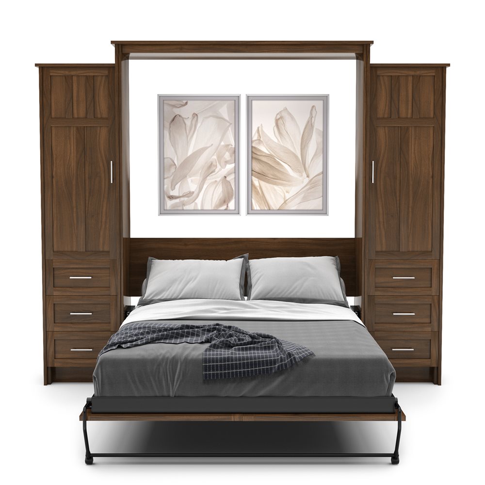 King Size Murphy Bed - Left & Right Cabinet, Craftsman Style, Brushed Nickel Pulls - Murphy Door