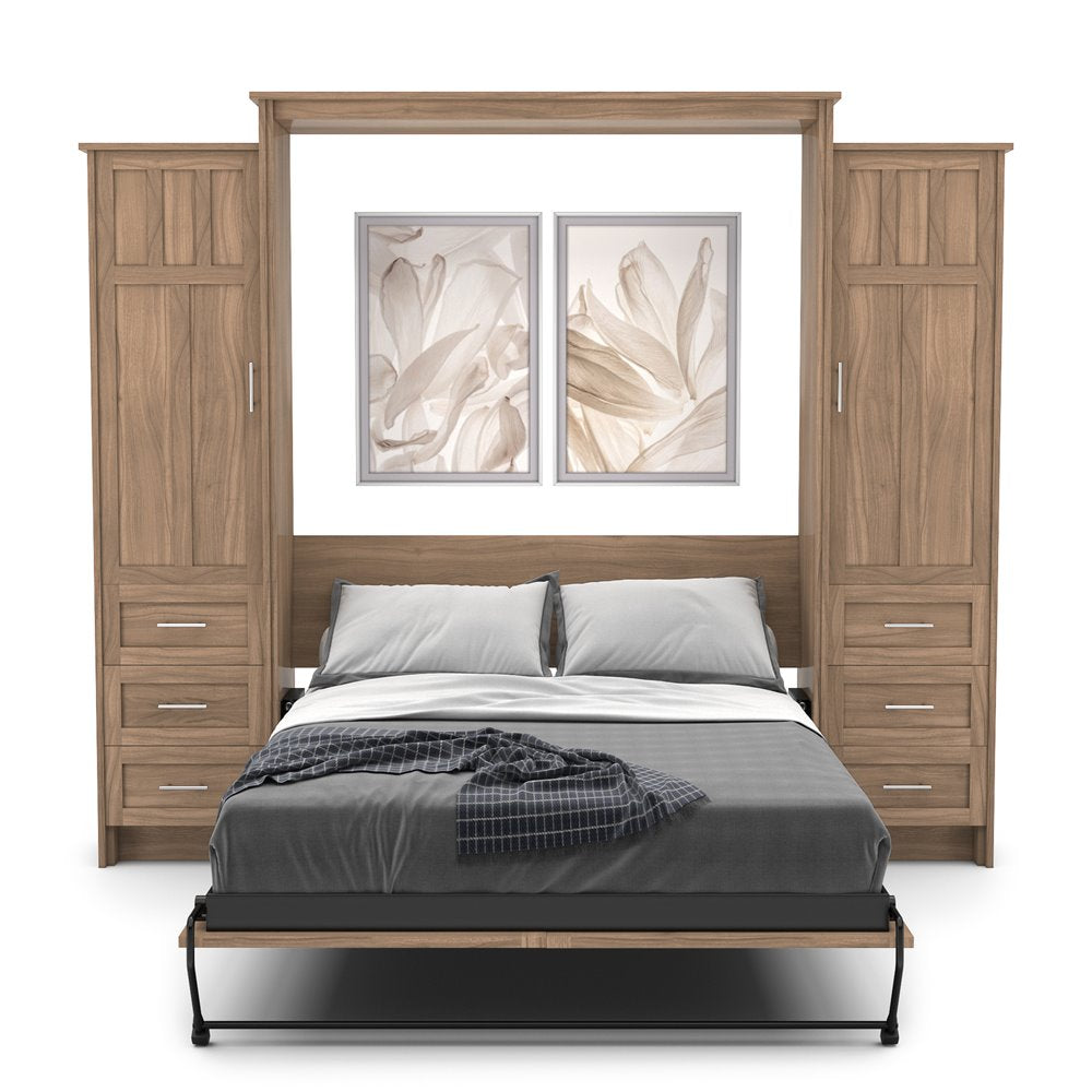 King Size Murphy Bed - Left & Right Cabinet, Craftsman Style, Brushed Nickel Pulls - Murphy Door