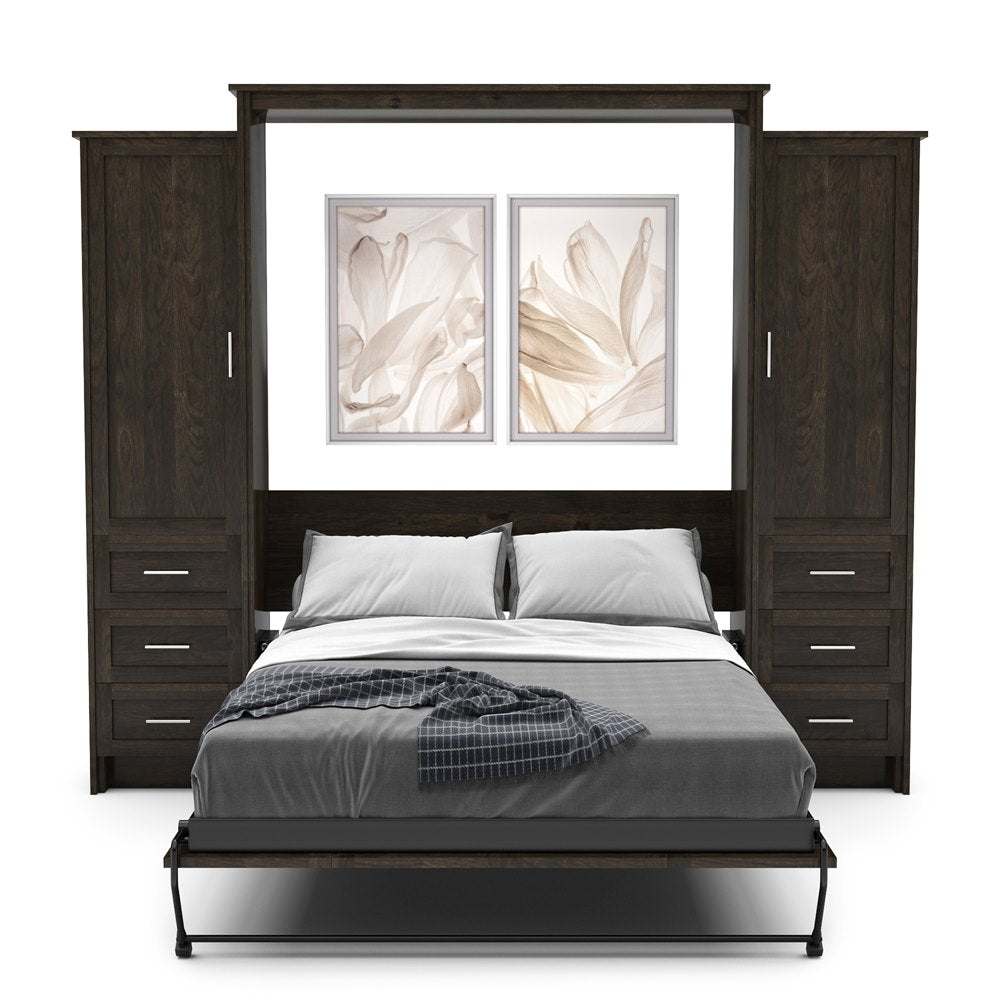 King Size Murphy Bed - Left & Right Cabinet, Shaker Style, Brushed Nickel Pulls - Murphy Door