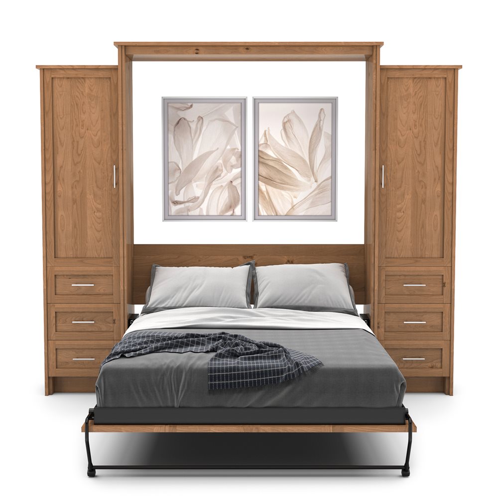 King Size Murphy Bed - Left & Right Cabinet, Shaker Style, Brushed Nickel Pulls - Murphy Door