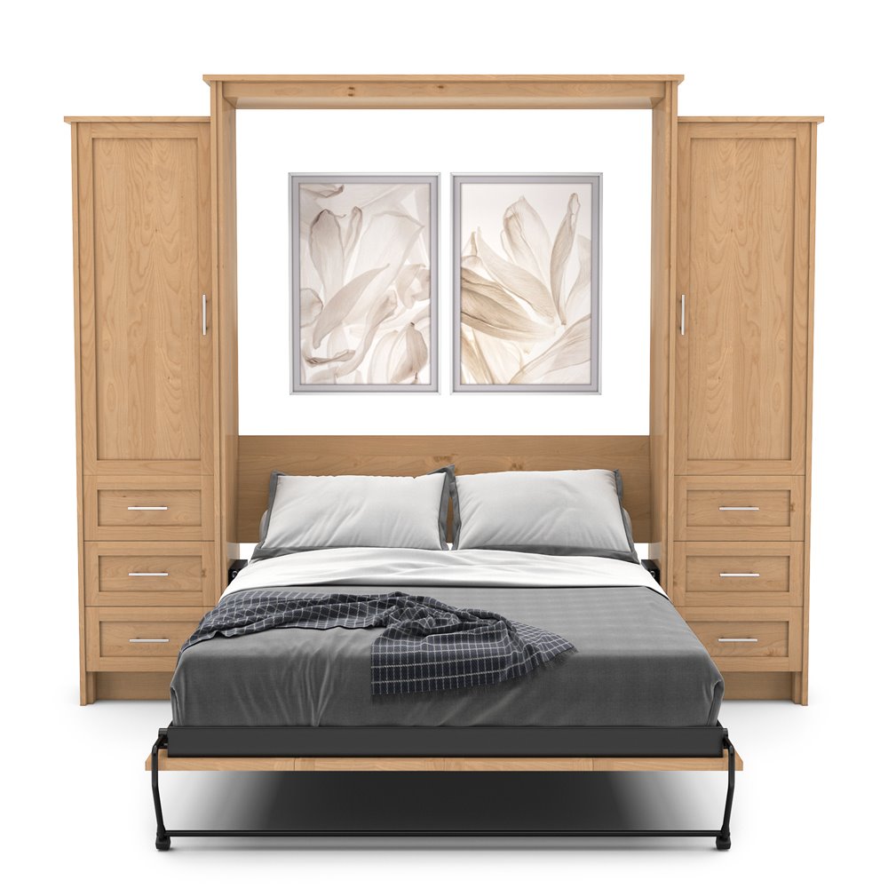 King Size Murphy Bed - Left & Right Cabinet, Shaker Style, Brushed Nickel Pulls - Murphy Door