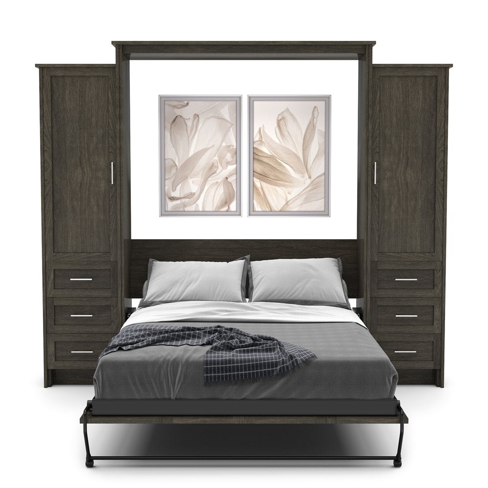 King Size Murphy Bed - Left & Right Cabinet, Shaker Style, Brushed Nickel Pulls - Murphy Door