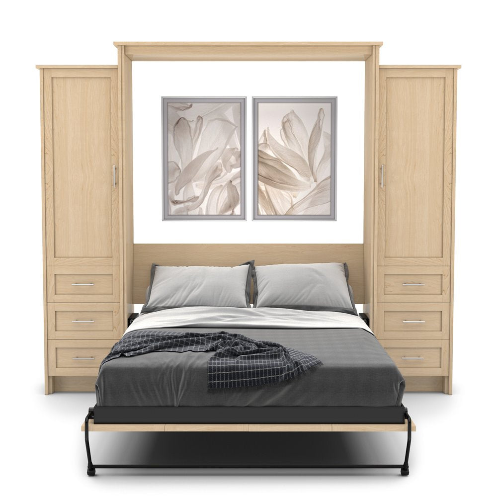 King Size Murphy Bed - Left & Right Cabinet, Shaker Style, Brushed Nickel Pulls - Murphy Door