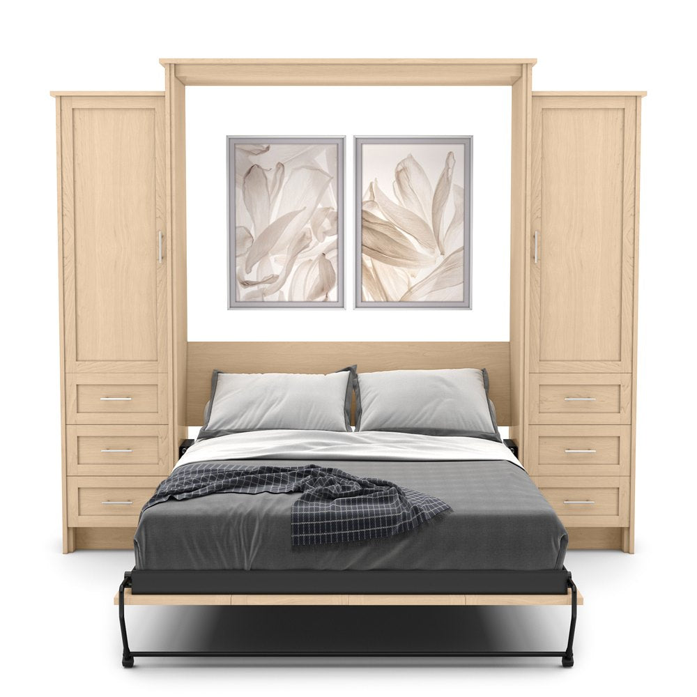 King Size Murphy Bed - Left & Right Cabinet, Shaker Style, Brushed Nickel Pulls - Murphy Door