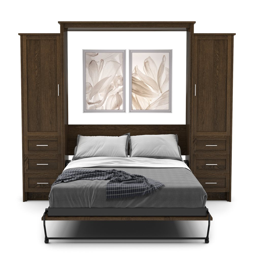 King Size Murphy Bed - Left & Right Cabinet, Shaker Style, Brushed Nickel Pulls - Murphy Door