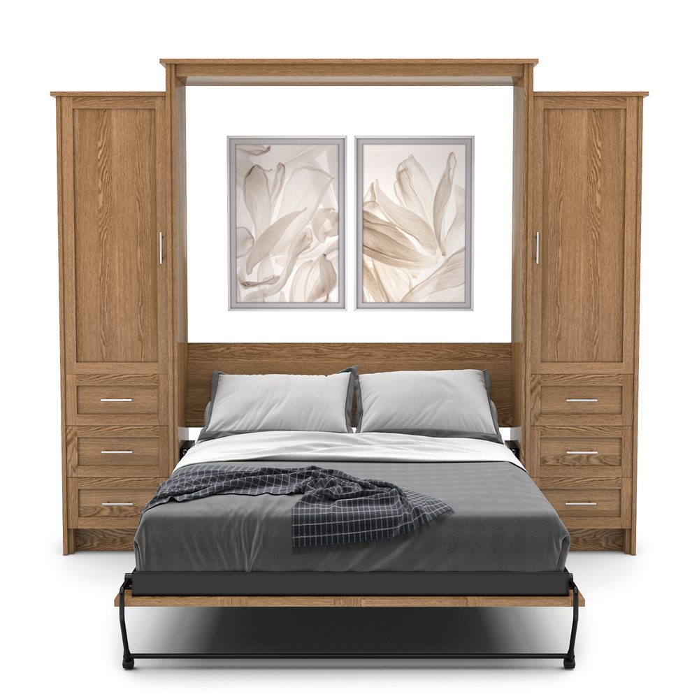 King Size Murphy Bed - Left & Right Cabinet, Shaker Style, Brushed Nickel Pulls - Murphy Door