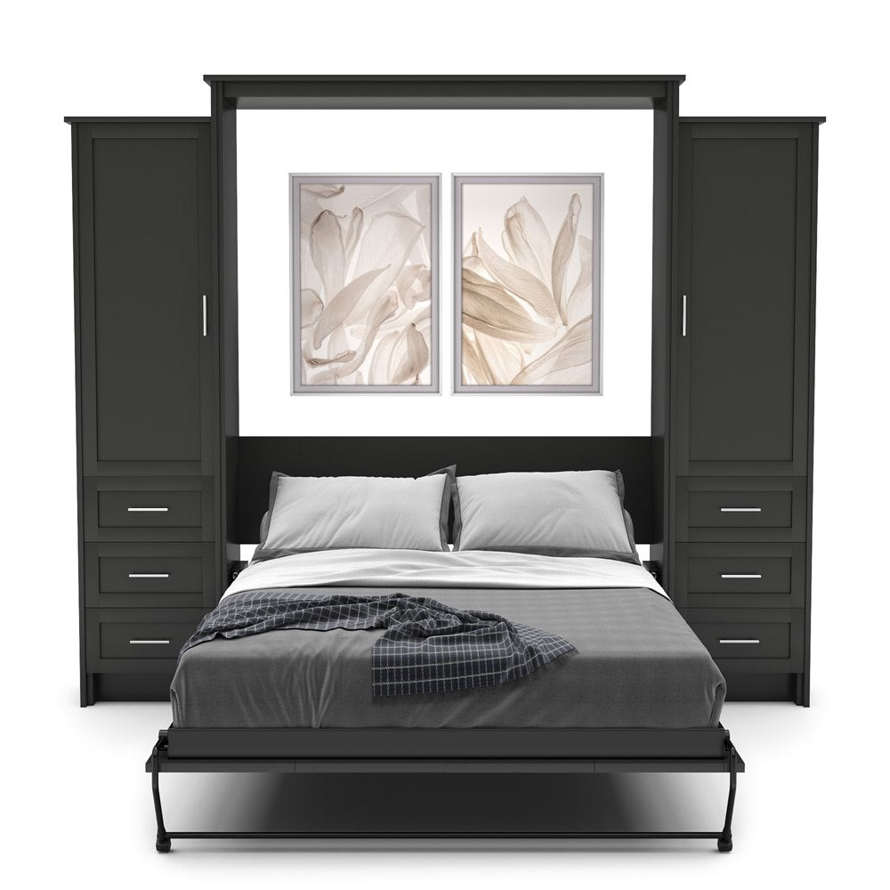 King Size Murphy Bed - Left & Right Cabinet, Shaker Style, Brushed Nickel Pulls - Murphy Door