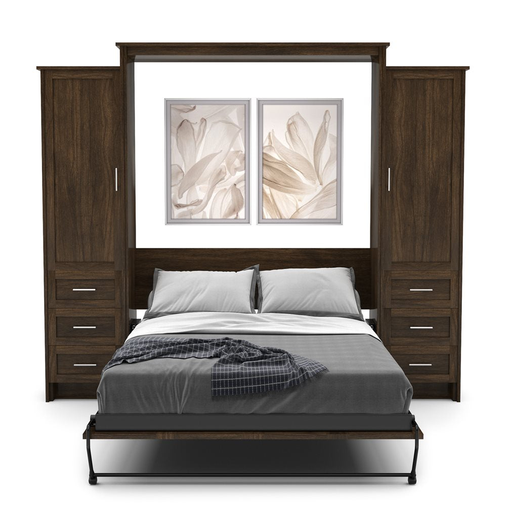 King Size Murphy Bed - Left & Right Cabinet, Shaker Style, Brushed Nickel Pulls - Murphy Door