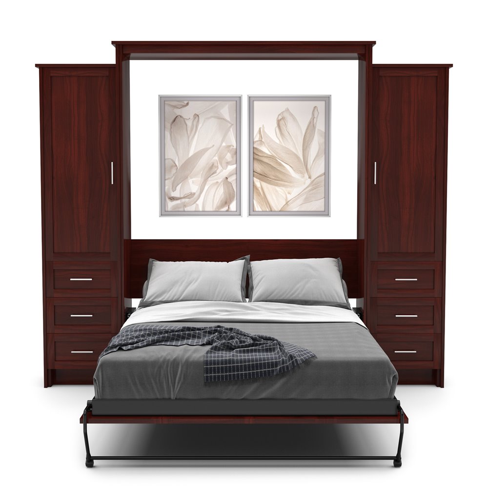 King Size Murphy Bed - Left & Right Cabinet, Shaker Style, Brushed Nickel Pulls - Murphy Door