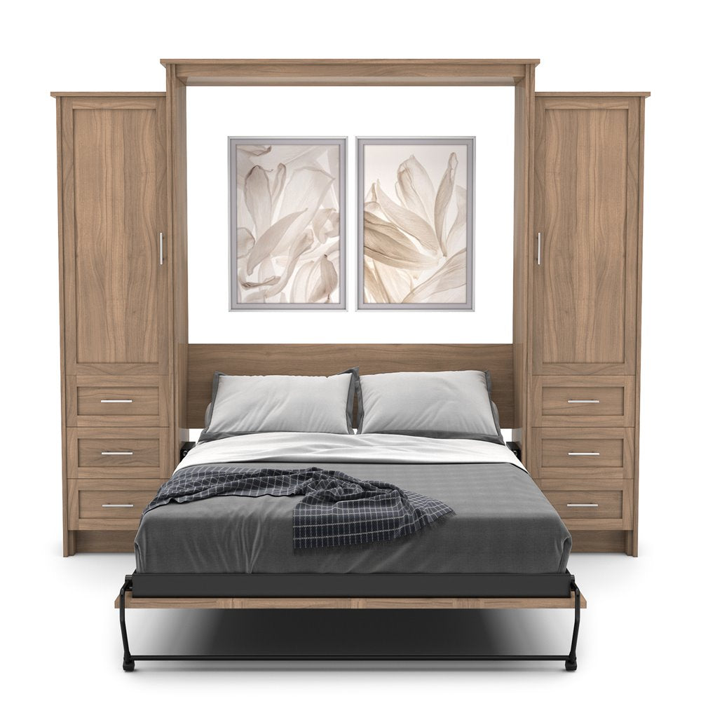 King Size Murphy Bed - Left & Right Cabinet, Shaker Style, Brushed Nickel Pulls - Murphy Door