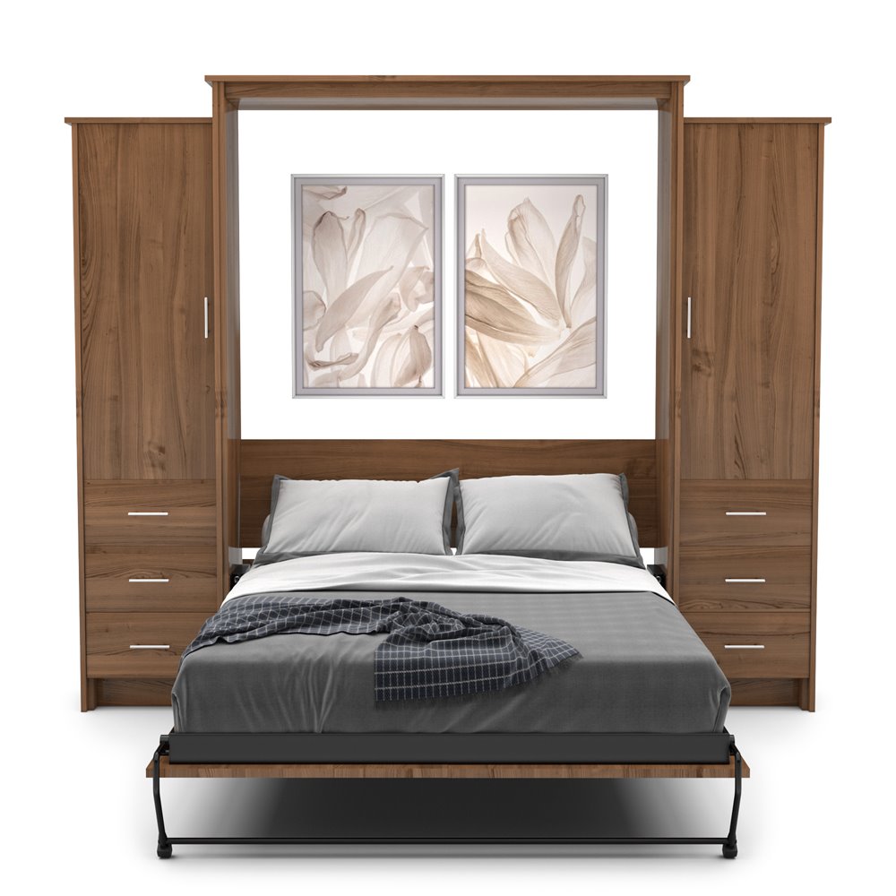 Full Size Murphy Bed - Left & Right Cabinet, Slab Style, Brushed Nickel Pulls - Murphy Door