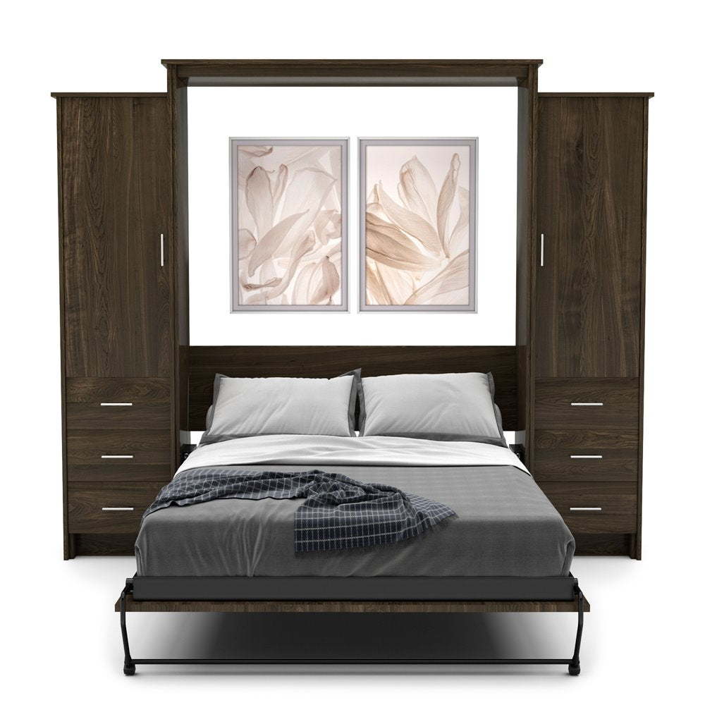 Full Size Murphy Bed - Left & Right Cabinet, Slab Style, Brushed Nickel Pulls - Murphy Door