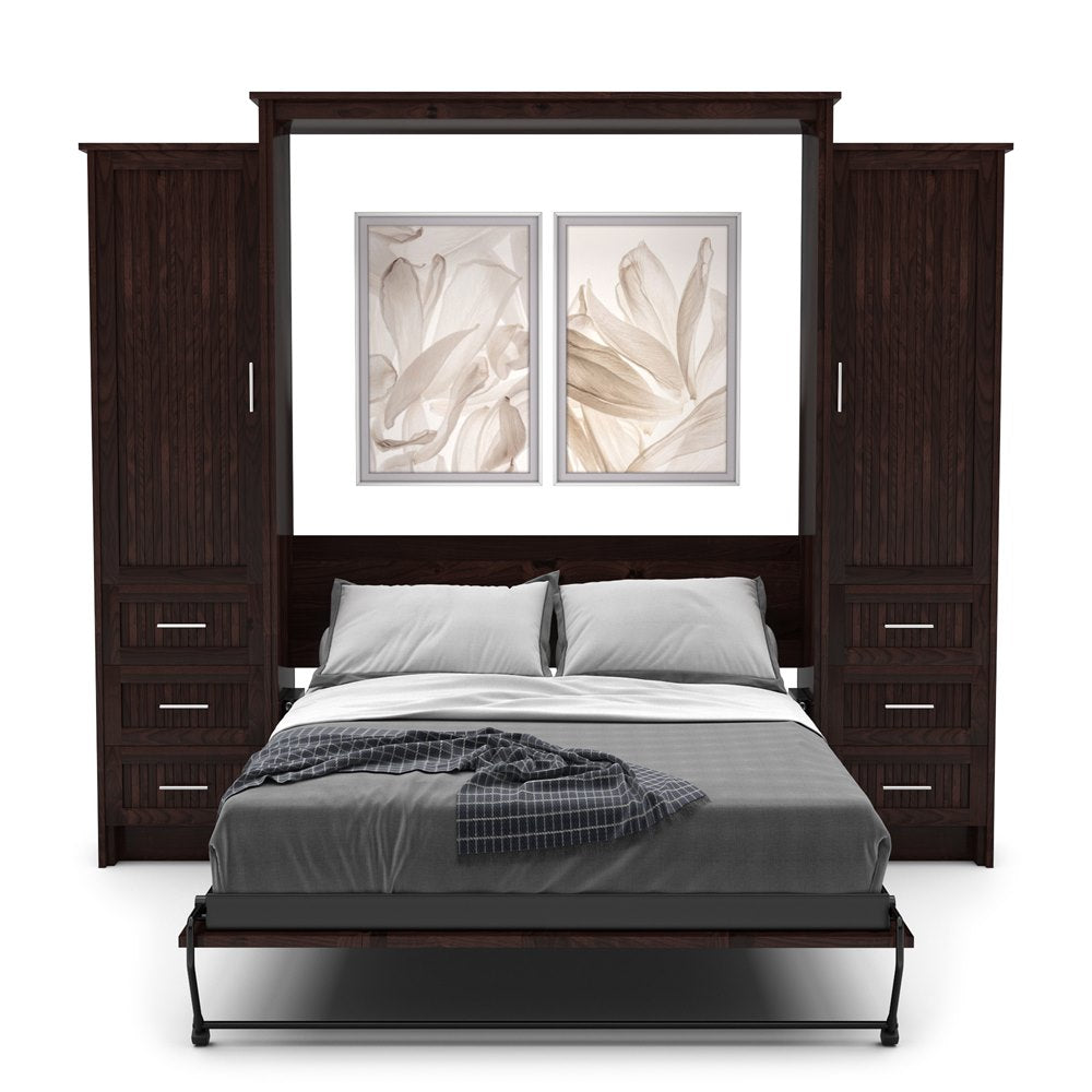 Twin Size Murphy Bed - Left & Right Cabinet, Beadboard Style, Brushed Nickel Pulls - Murphy Door