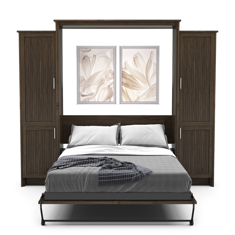 King Size Murphy Bed - Left & Right Cabinet, Beadboard Style, Brushed Nickel Pulls - Murphy Door