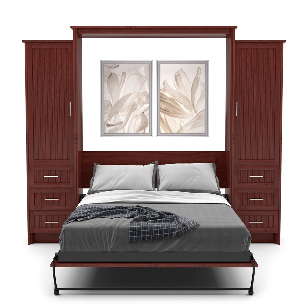 Twin Size Murphy Bed - Left & Right Cabinet, Beadboard Style, Brushed Nickel Pulls - Murphy Door