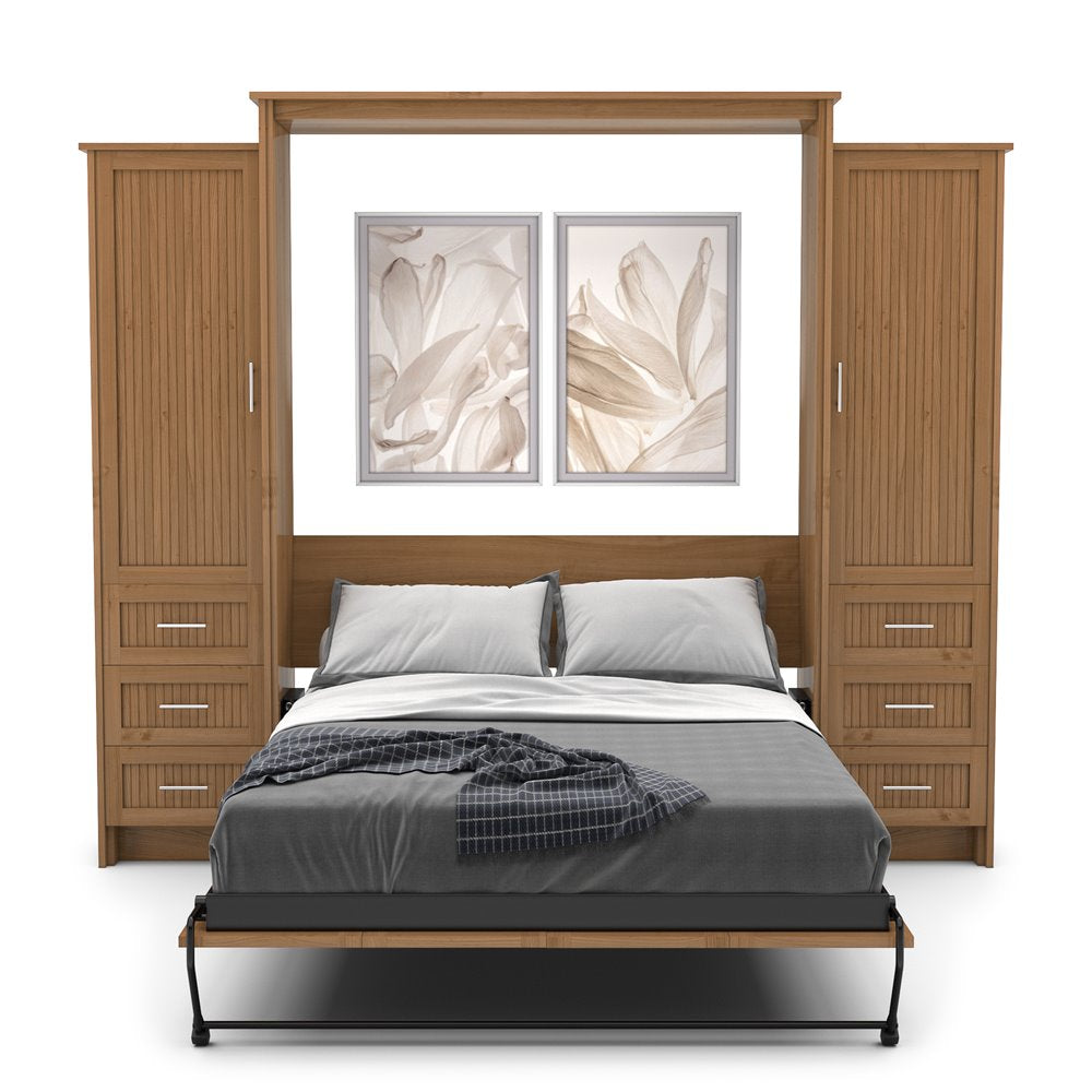 Twin Size Murphy Bed - Left & Right Cabinet, Beadboard Style, Brushed Nickel Pulls - Murphy Door