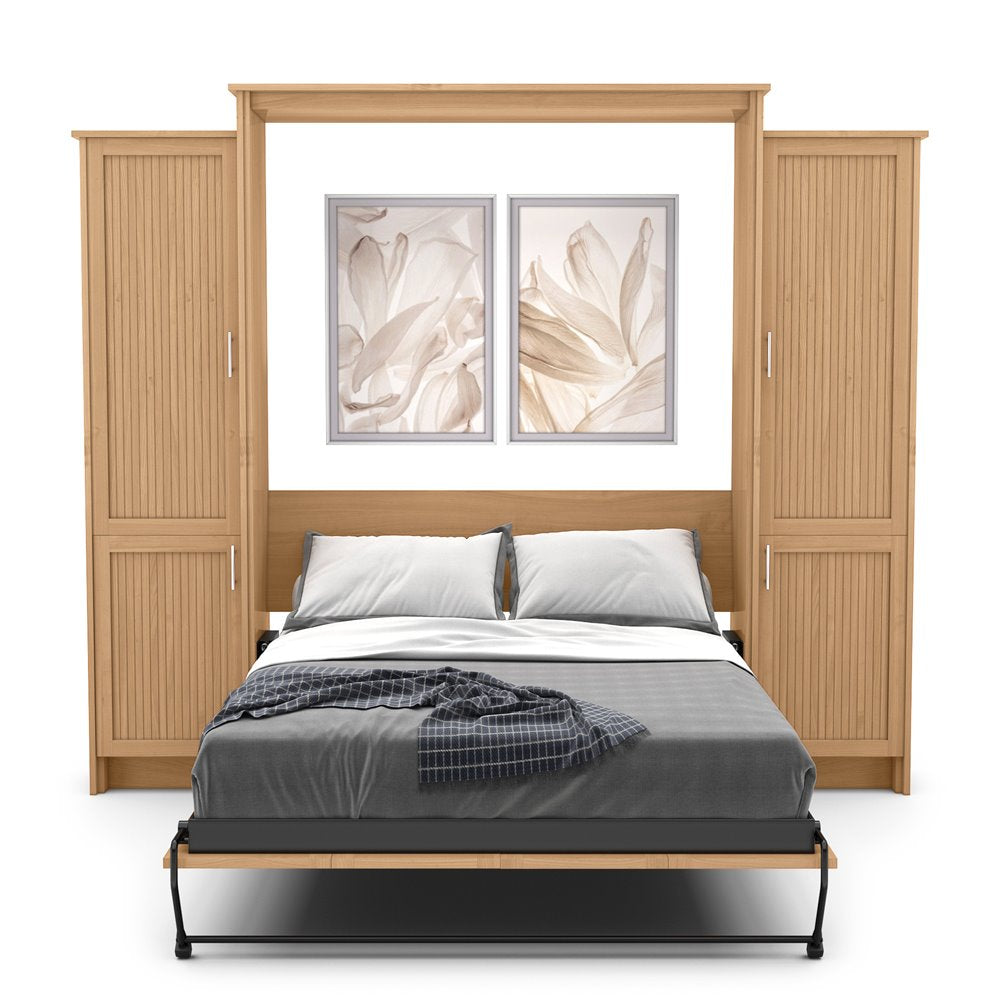 Twin Size Murphy Bed - Left & Right Cabinet, Beadboard Style, Brushed Nickel Pulls - Murphy Door