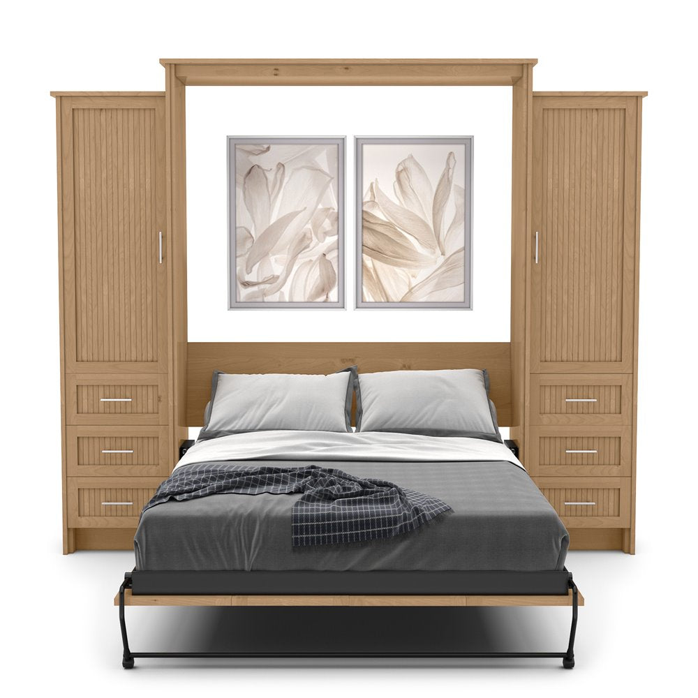 Twin Size Murphy Bed - Left & Right Cabinet, Beadboard Style, Brushed Nickel Pulls - Murphy Door