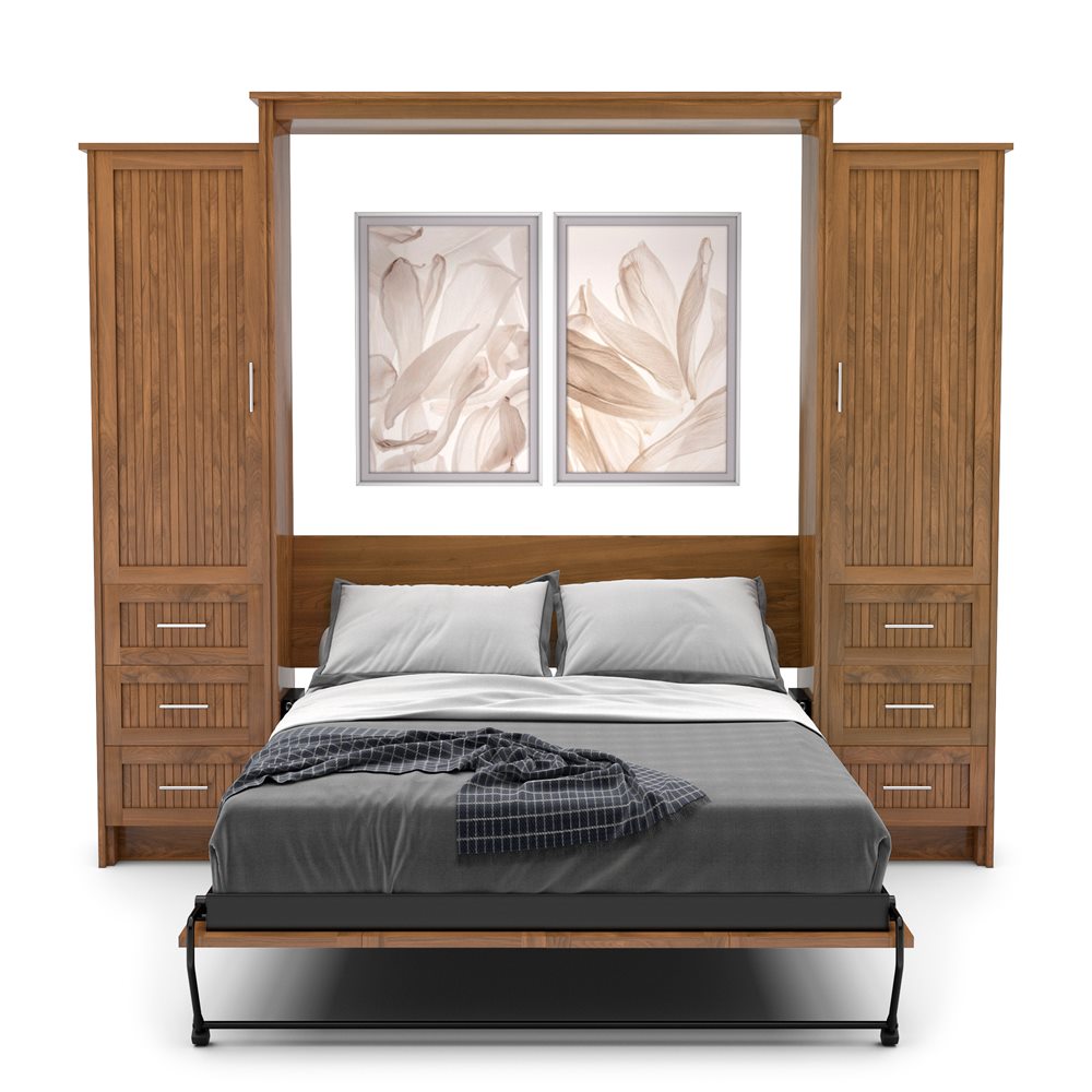 King Size Murphy Bed - Left & Right Cabinet, Beadboard Style, Brushed Nickel Pulls - Murphy Door