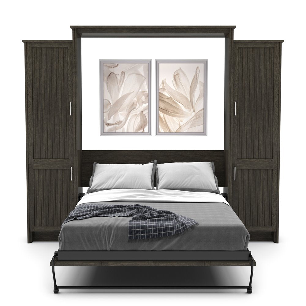Full Size Murphy Bed - Left & Right Cabinet, Beadboard Style, Brushed Nickel Pulls - Murphy Door